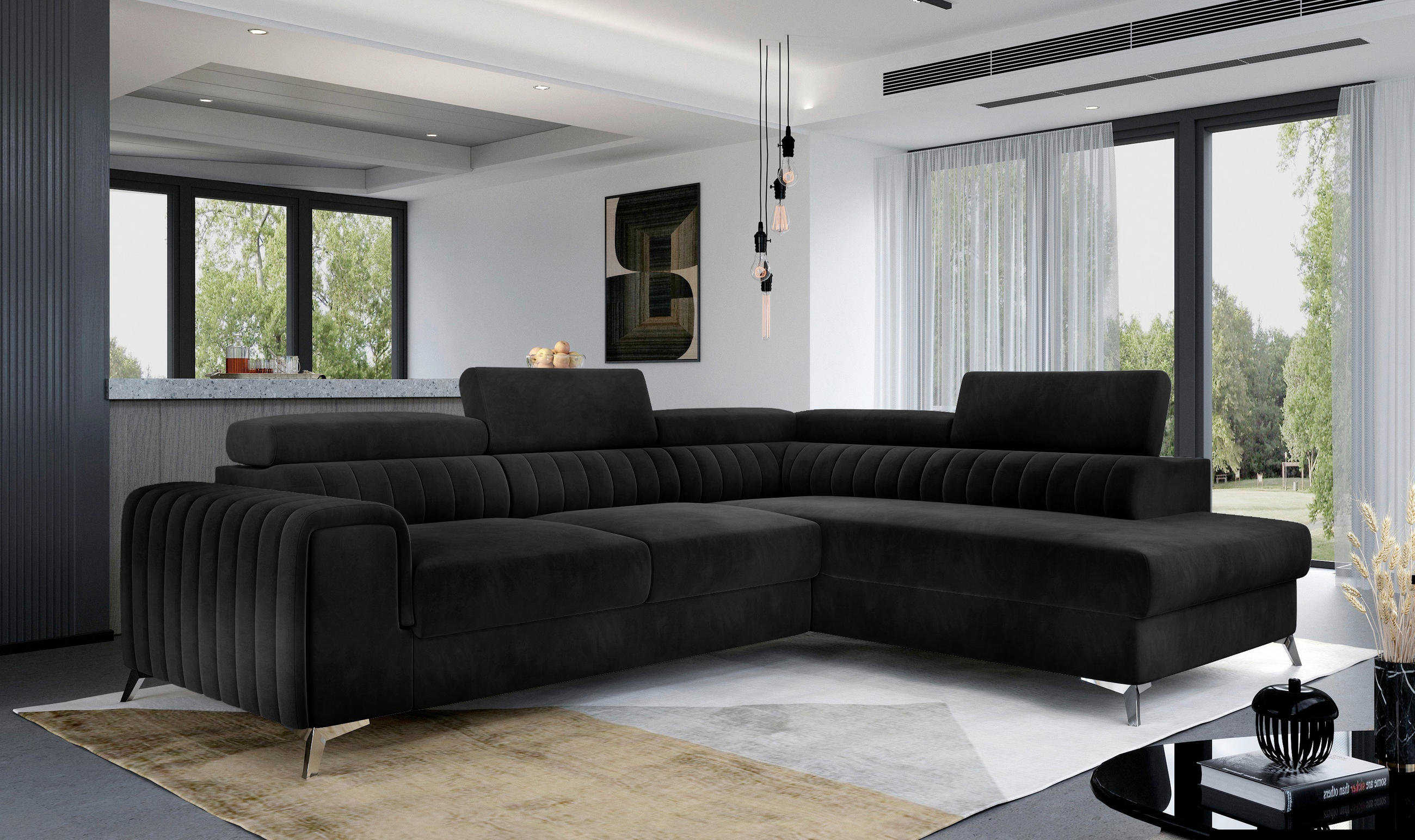 ECKSOFA  in Samt Schwarz  278/205 cm  - Silberfarben/Schwarz, Design, Textil/Metall (278/205cm) - MID.YOU