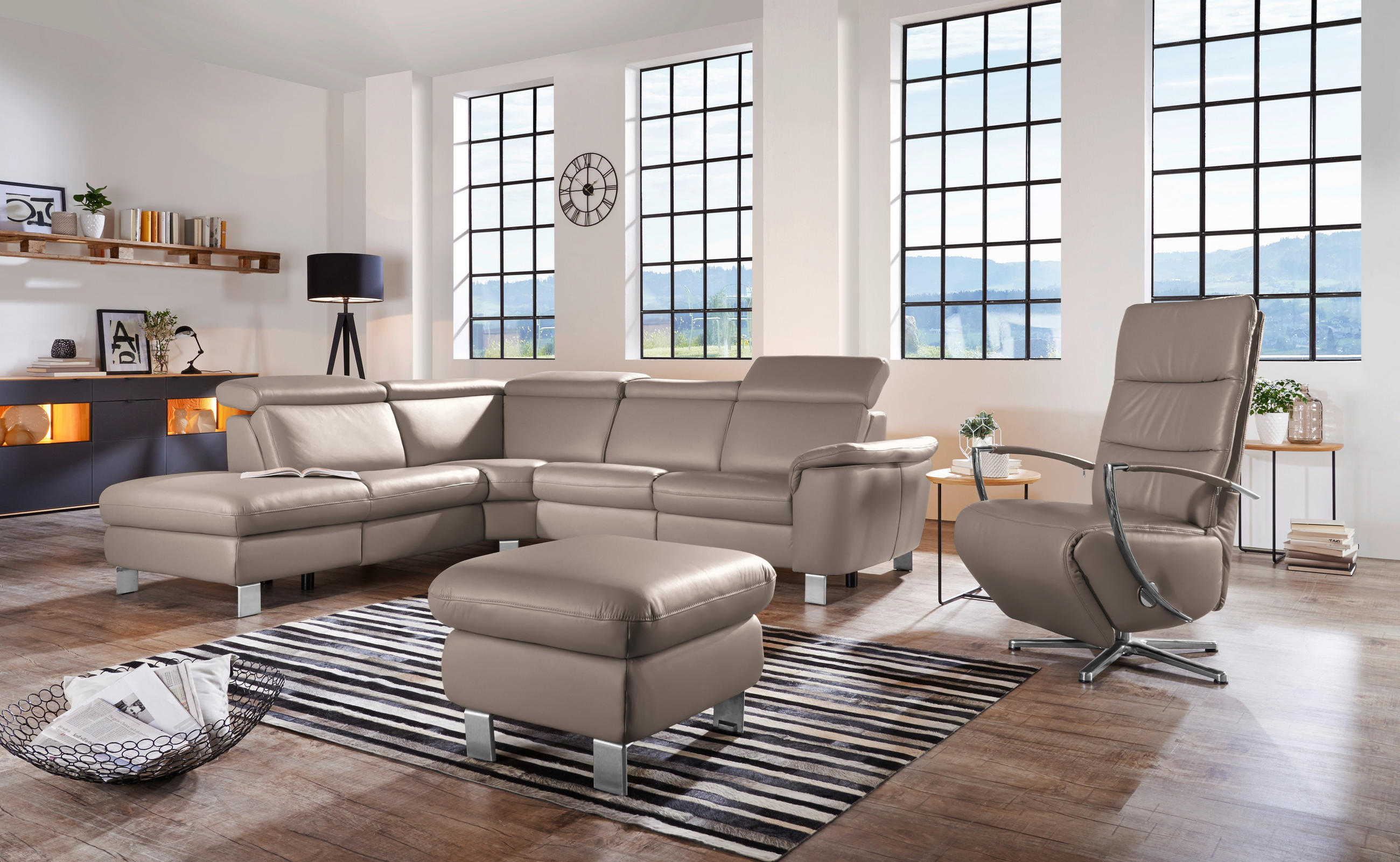 ECKSOFA in Echtleder Fango  - Fango/Alufarben, Design, Leder/Metall (239/271cm) - Cantus