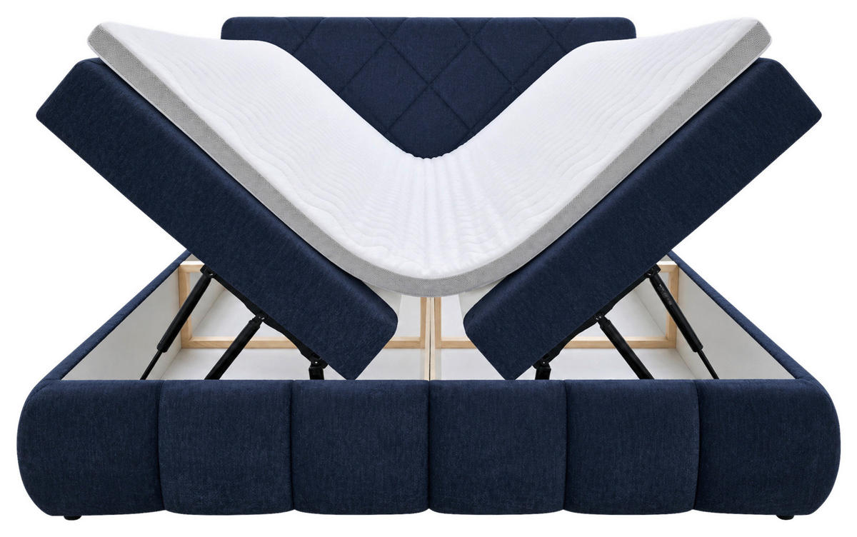 BOXBETT 180/200 cm,  in Dunkelblau, gepolstertes Kopfteil, Bettkasten, Topper, Matratzen, H3 + H3 = fest  - Schwarz/Dunkelblau, Design, Kunststoff/Textil (180/200cm) - Chameo