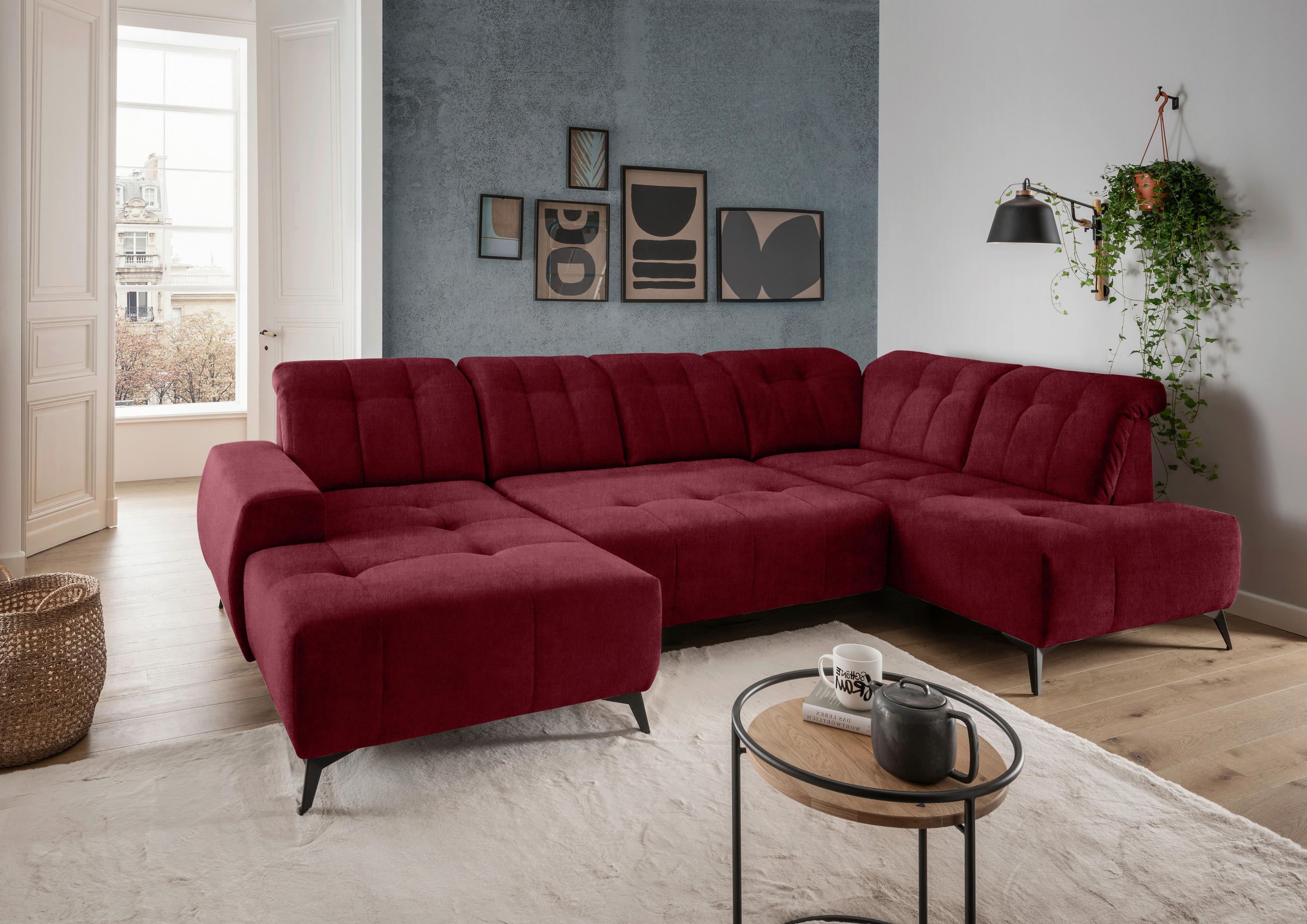 WOHNLANDSCHAFT in Mikrofaser Bordeaux - Bordeaux/Schwarz, Modern, Textil/Metall (180/337/200cm) - Livetastic