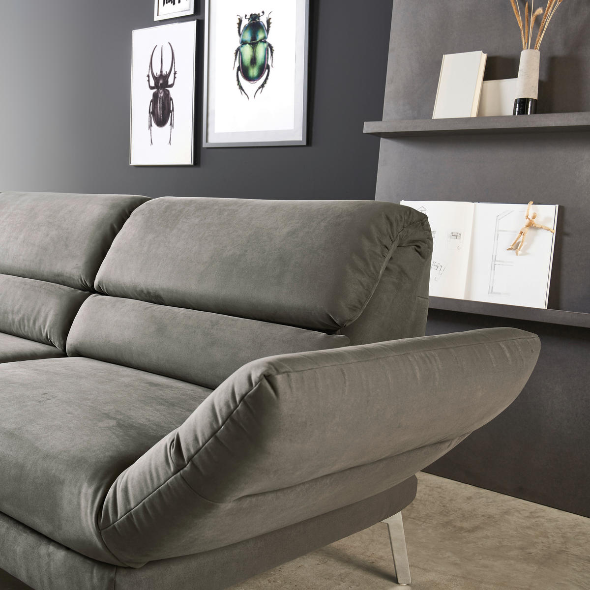 ECKSOFA Graphitfarben Mikrofaser  - Chromfarben/Graphitfarben, Design, Textil/Metall (279-327/176-217cm) - Dieter Knoll