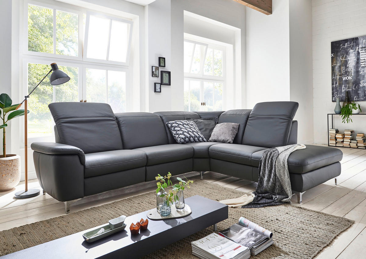 ECKSOFA in Echtleder Anthrazit  - Chromfarben/Anthrazit, KONVENTIONELL, Leder/Metall (292/242cm) - Cantus