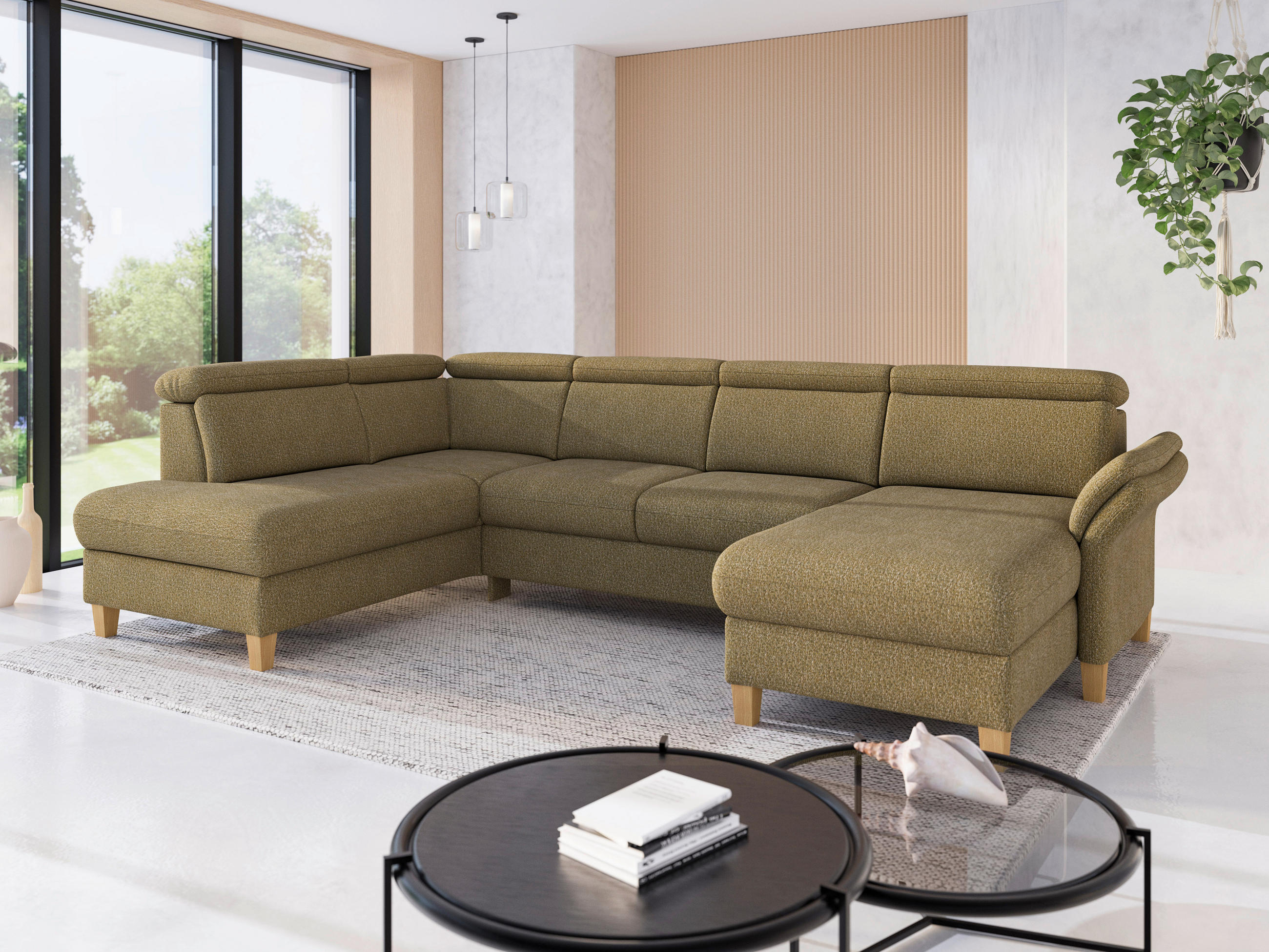 WOHNLANDSCHAFT GLENDALE E Olivgrün Chenille  - Eichefarben/Olivgrün, KONVENTIONELL, Holz/Textil (193/321/166cm) - Sit & More