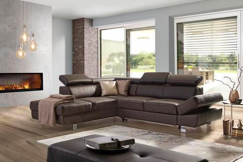 Ecksofa inkl. Funktion Dunkelbraun Kombination Echtleder/Lederlook Lederlook  - Chromfarben/Dunkelbraun, Design, Leder/Textil (265/212cm) - Stylife