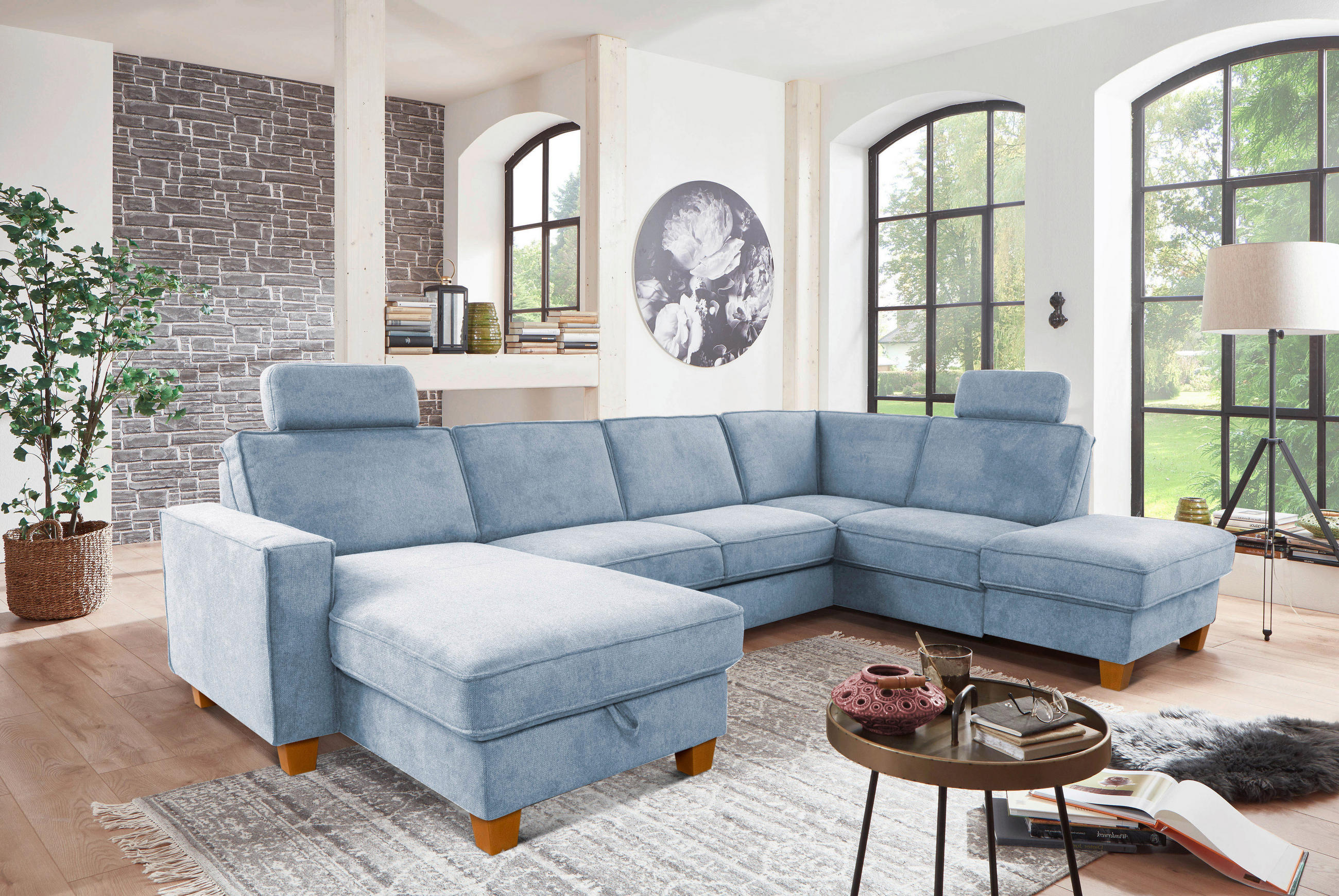 WOHNLANDSCHAFT Hellblau Flachgewebe  - Eichefarben/Hellblau, KONVENTIONELL, Holz/Textil (161/309/213cm) - Sit & More