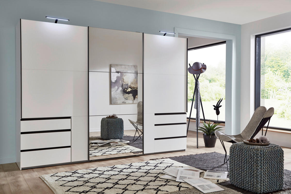 SCHWEBETÜRENSCHRANK 300/216/65 cm 3-türig Weiß  - Schwarz/Weiß, MODERN, Glas/Holzwerkstoff (300/216/65cm) - MID.YOU