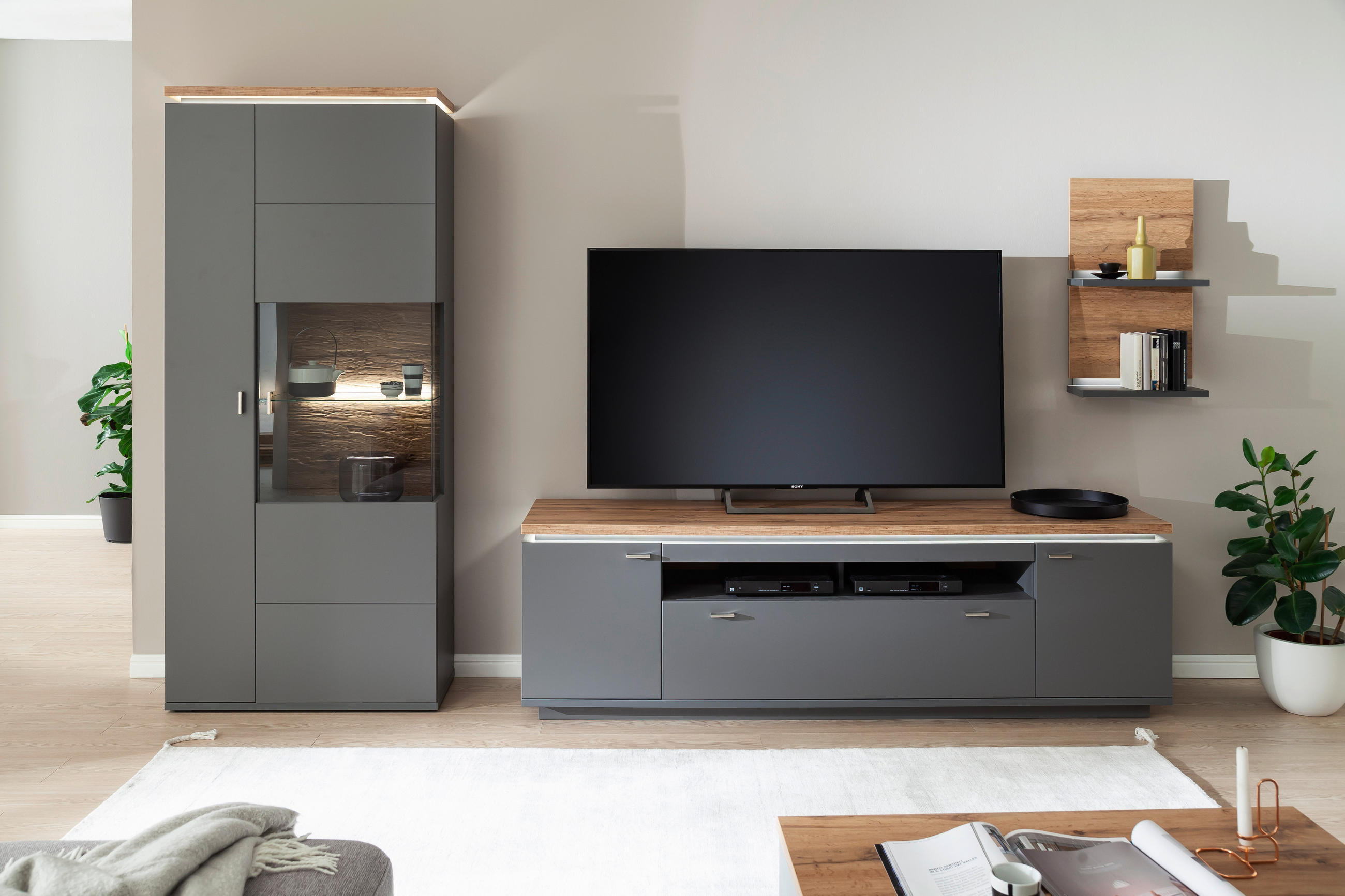 WOHNWAND Neapel  in Grau, Eiche Wotan  335/208/50 cm  - Eiche Wotan/Grau, Design, Glas/Holzwerkstoff (335/208/50cm) - Stylife