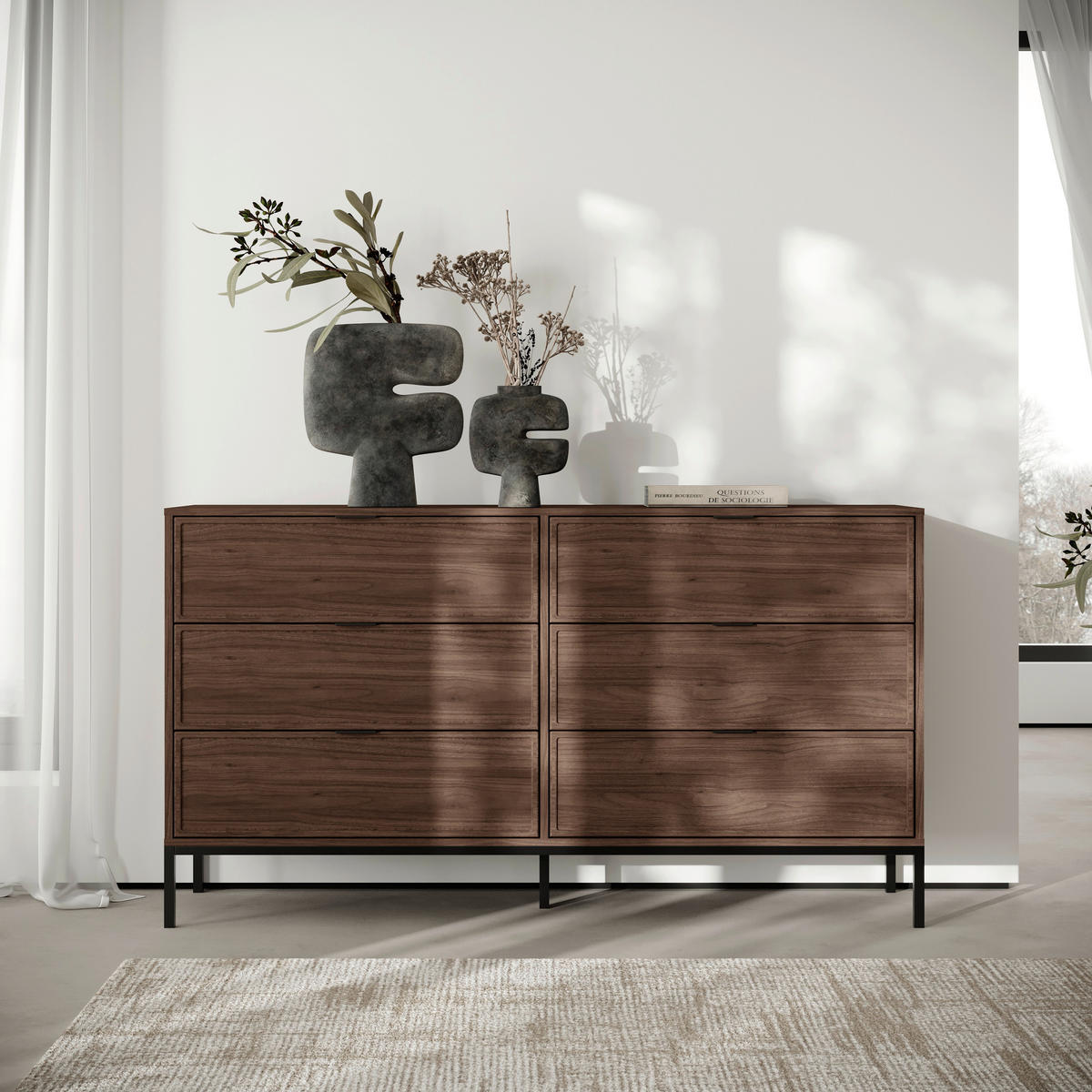 KOMMODE Deco, 150/92/40 cm, 6 Schublade(n)  - Walnussfarben/Schwarz, Design, Holzwerkstoff/Metall (150/92/40cm) - MID.YOU