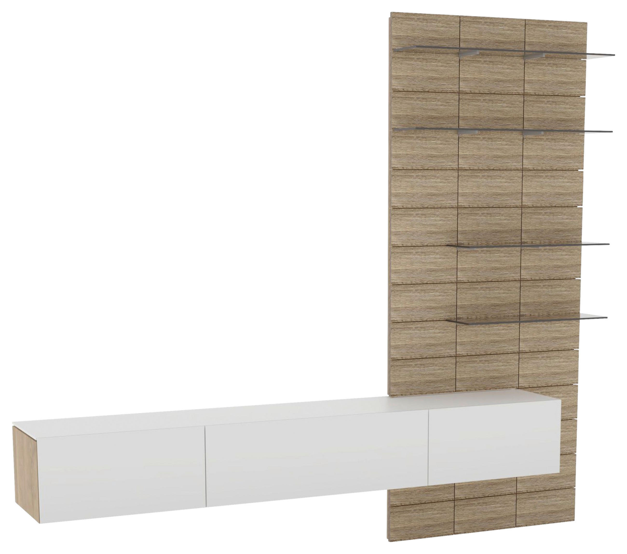 WOHNWAND 2-teilig  in Weiß, Eichefarben  256/227,5/41,4 cm  - Eichefarben/Weiß, Natur, Glas/Holz (256/227,5/41,4cm) - Voglauer