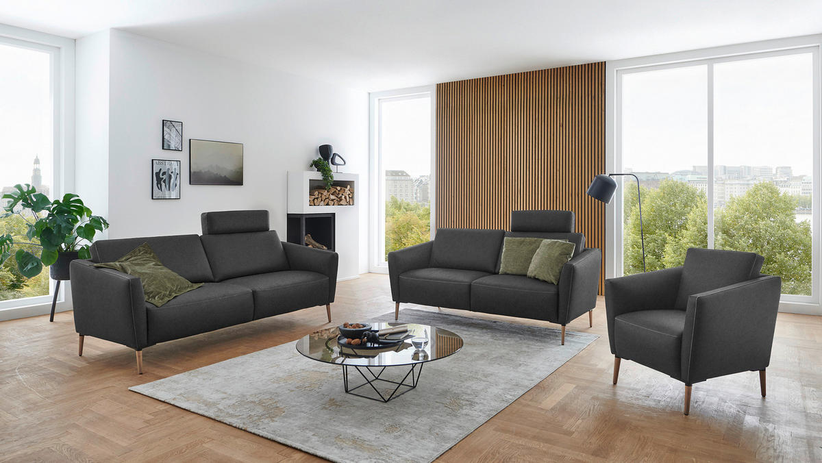 2-SITZER-SOFA  in Echtleder Anthrazit   - Eichefarben/Anthrazit, Natur, Leder/Holz (207/86/87cm) - Valnatura