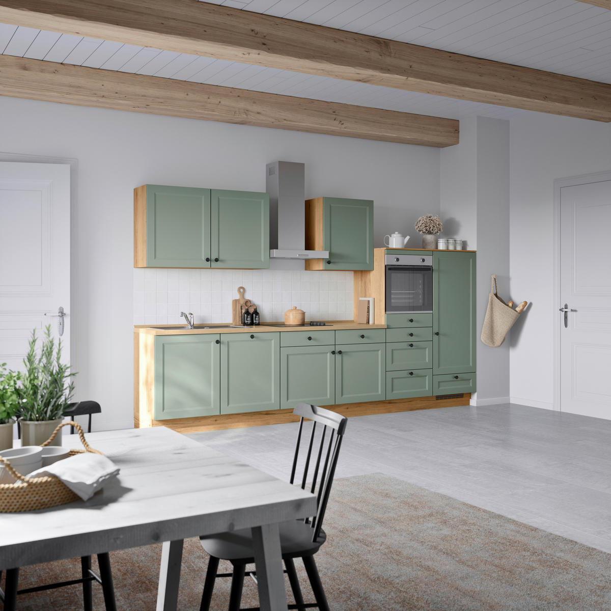 KÜCHENBLOCK Cascada 360 cm  in Grün, Eichefarben  - Eichefarben/Schwarz, MODERN, Holzwerkstoff/Metall (360cm) - Nobilia