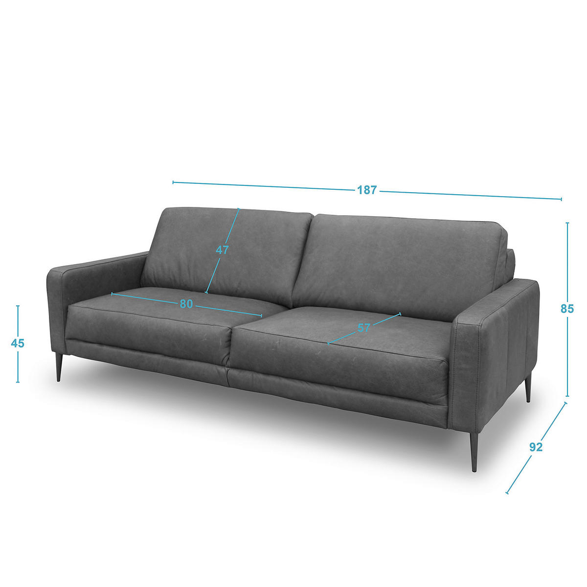 3-SITZER-SOFA Echtleder Dunkelbraun  - Dunkelbraun/Schwarzchrom, Design, Leder/Metall (187/85/92cm) - Livetastic