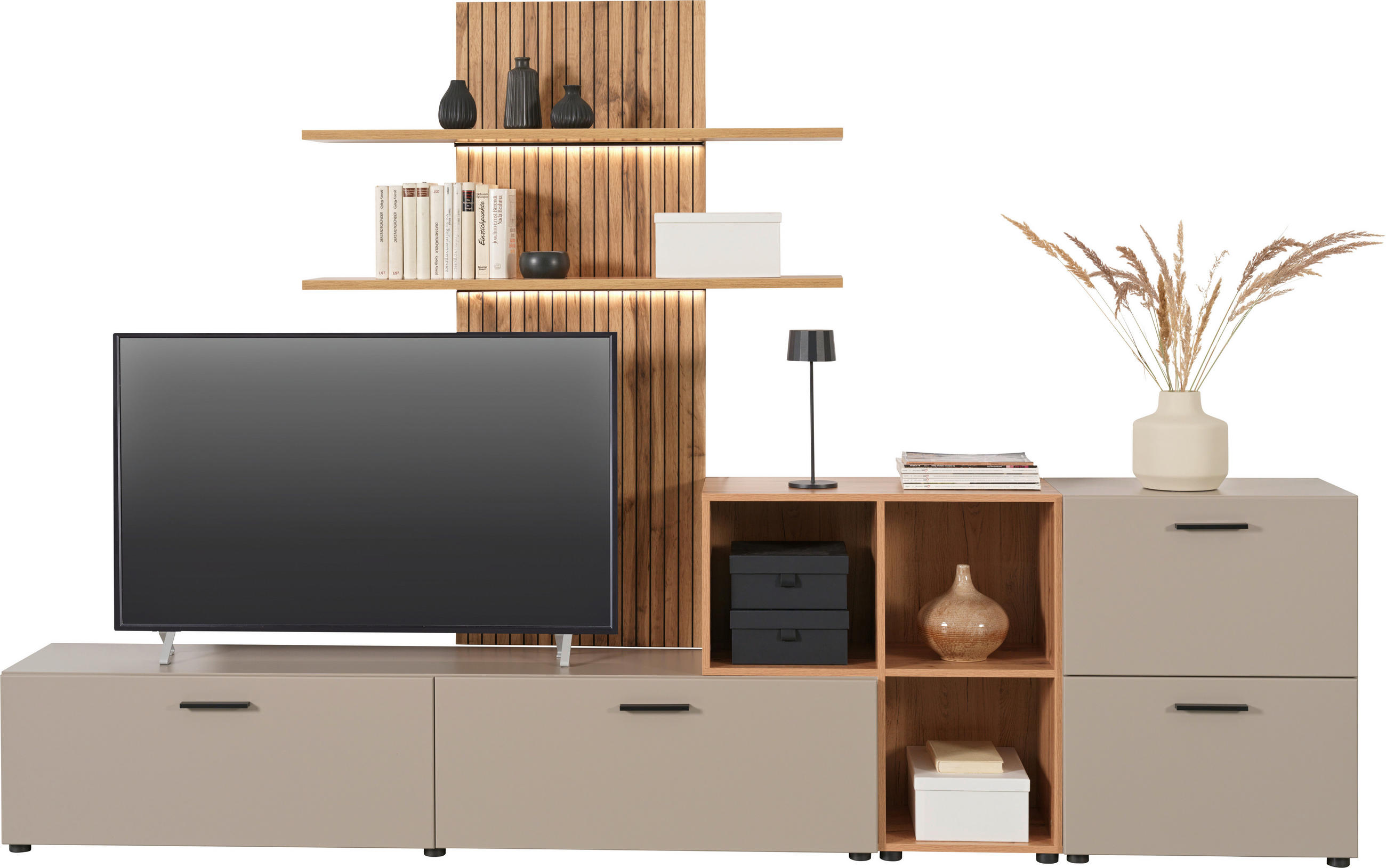 Carryhome Wohnwand Eiche, Greige 296x190x40 cm