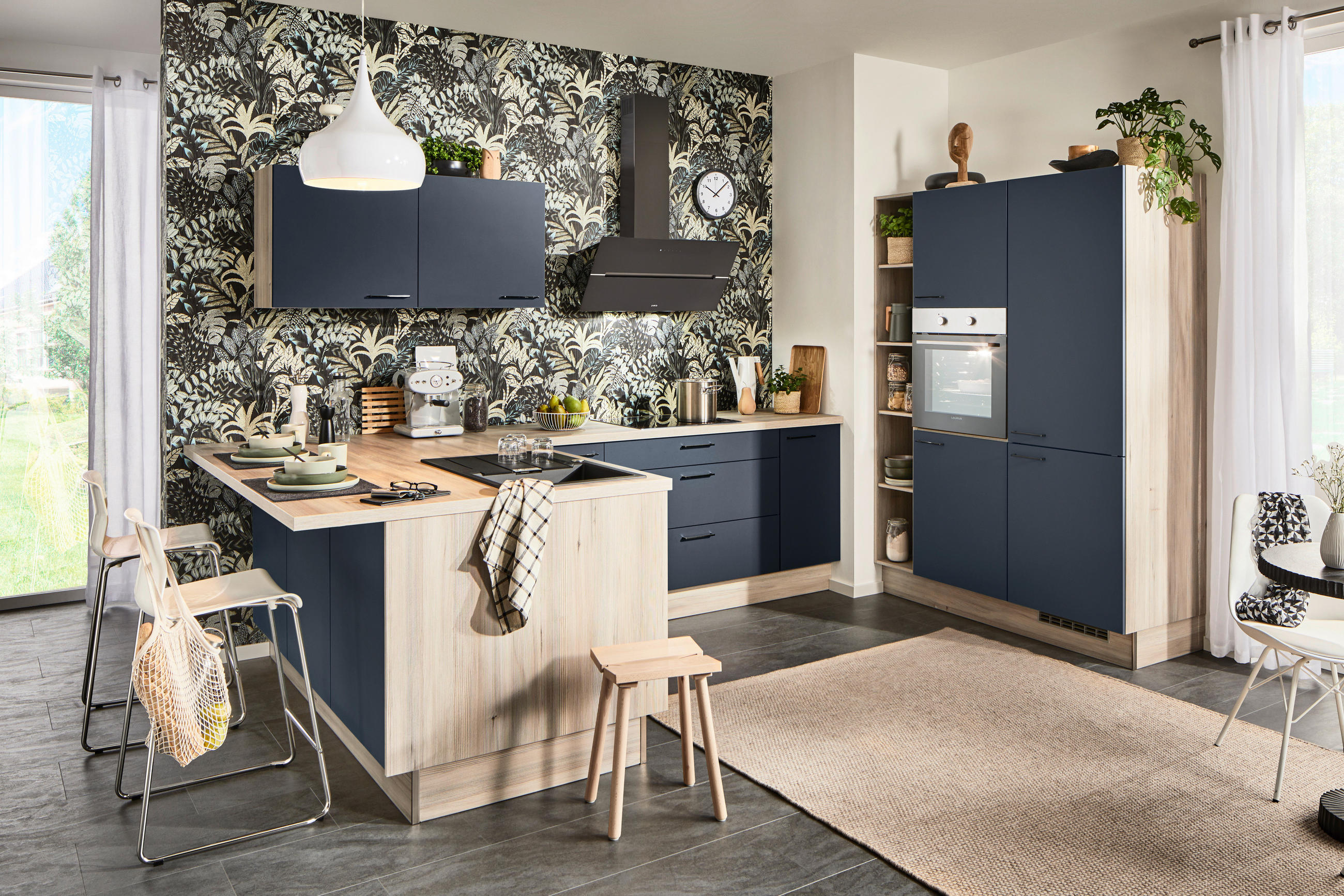 ECKKÜCHE  in Blau, Tannenholzfarben  - Blau/Tannenholzfarben, Design, Holzwerkstoff/Metall (121,6/280/150cm) - Xora