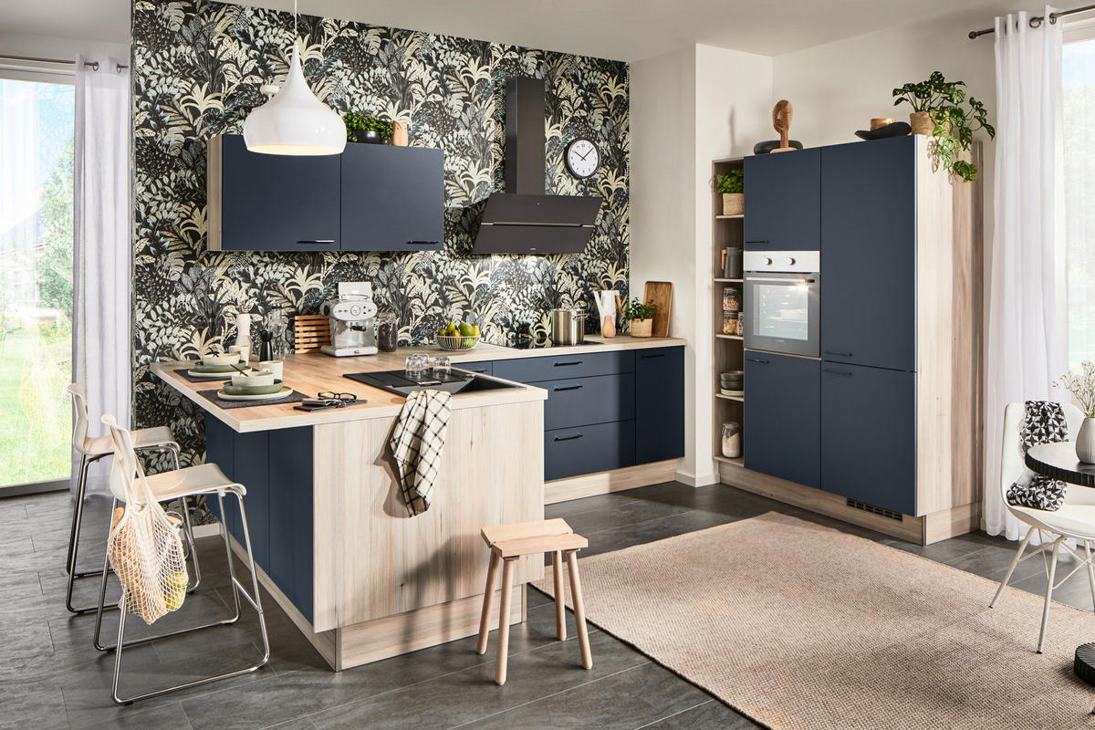 ECKKÜCHE  in Blau, Tannenholzfarben  - Blau/Tannenholzfarben, Design, Holzwerkstoff/Metall (121,6/280/150cm) - Xora