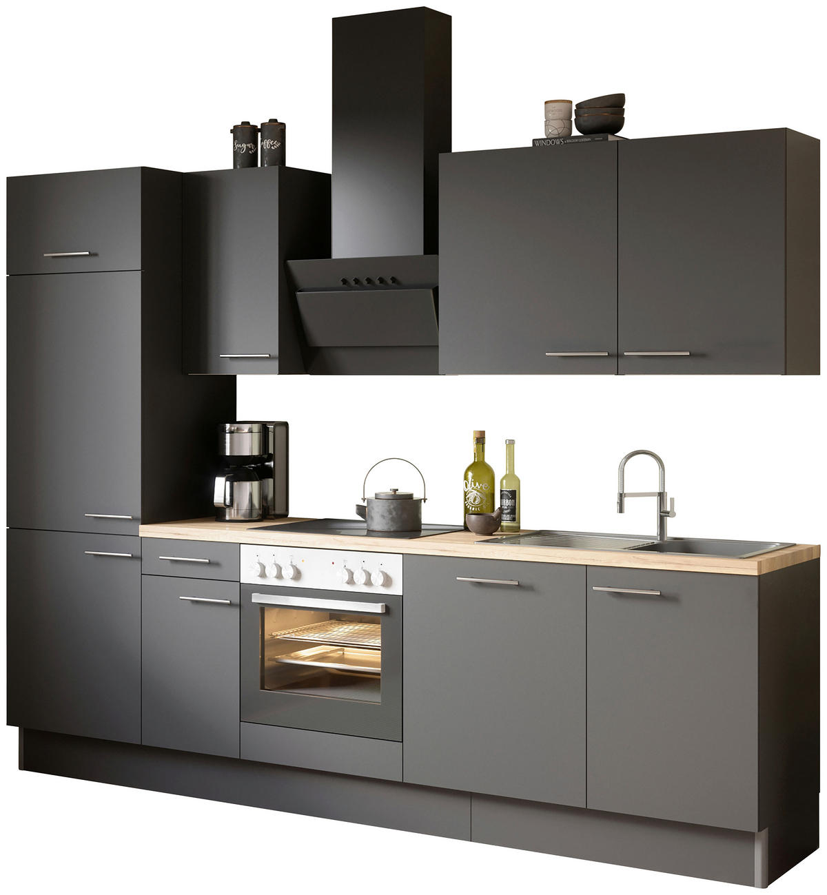KÜCHENBLOCK 270 cm   in Anthrazit  - Edelstahlfarben/Eichefarben, Basics, Holzwerkstoff/Metall (270cm) - Optifit