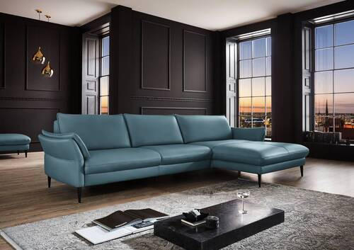 ECKSOFA in Echtleder Blau  - Blau/Schwarz, Design, Leder/Metall (334/172cm) - Valdera