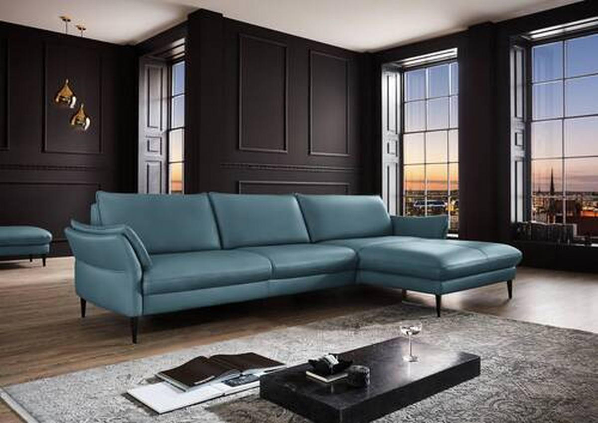 ECKSOFA in Echtleder Blau  - Blau/Schwarz, Design, Leder/Metall (334/172cm) - Valdera