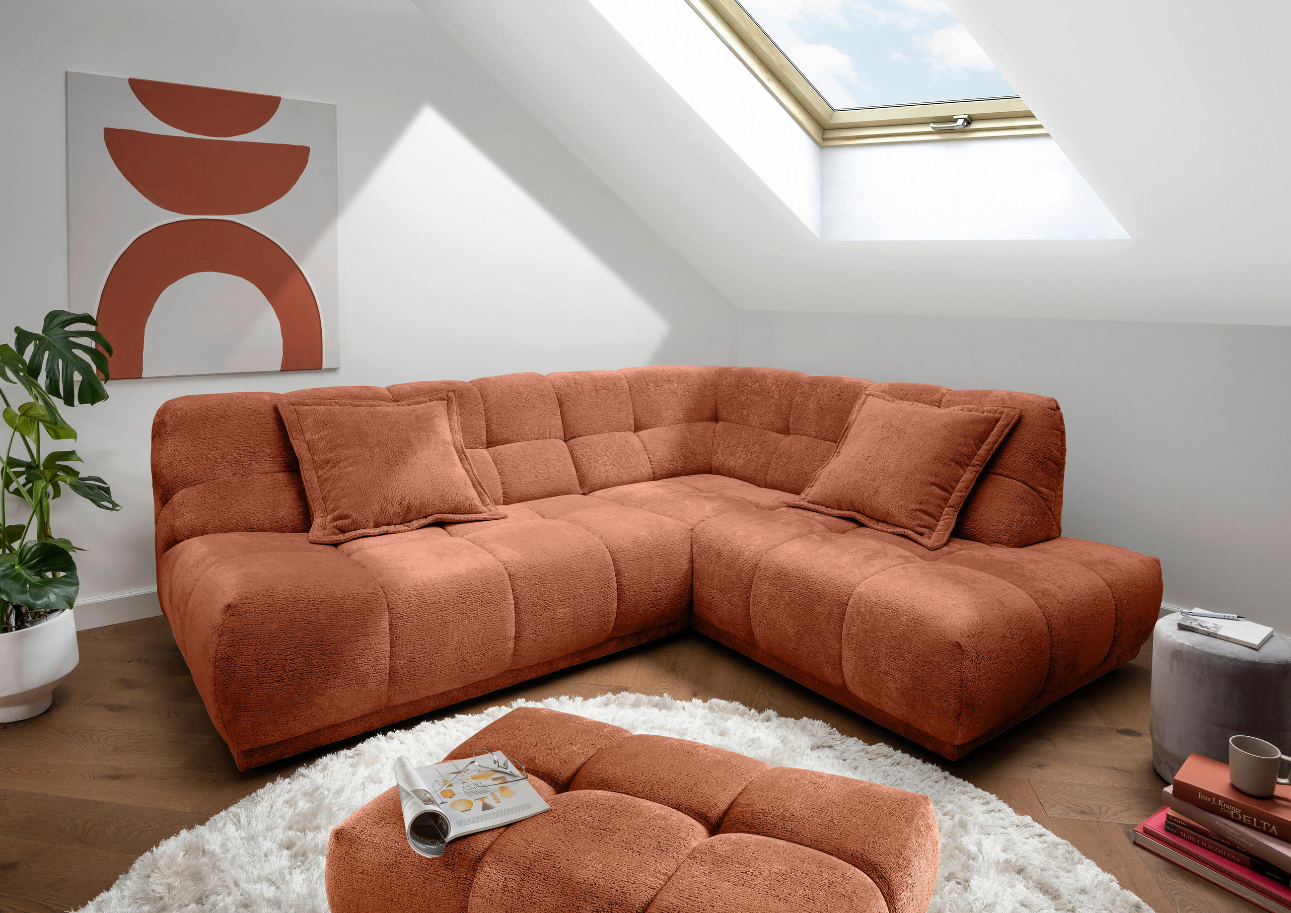 ECKSOFA Chenille Rostfarben  - Rostfarben/Schwarz, Modern, Kunststoff/Textil (254/203cm) - Livetastic