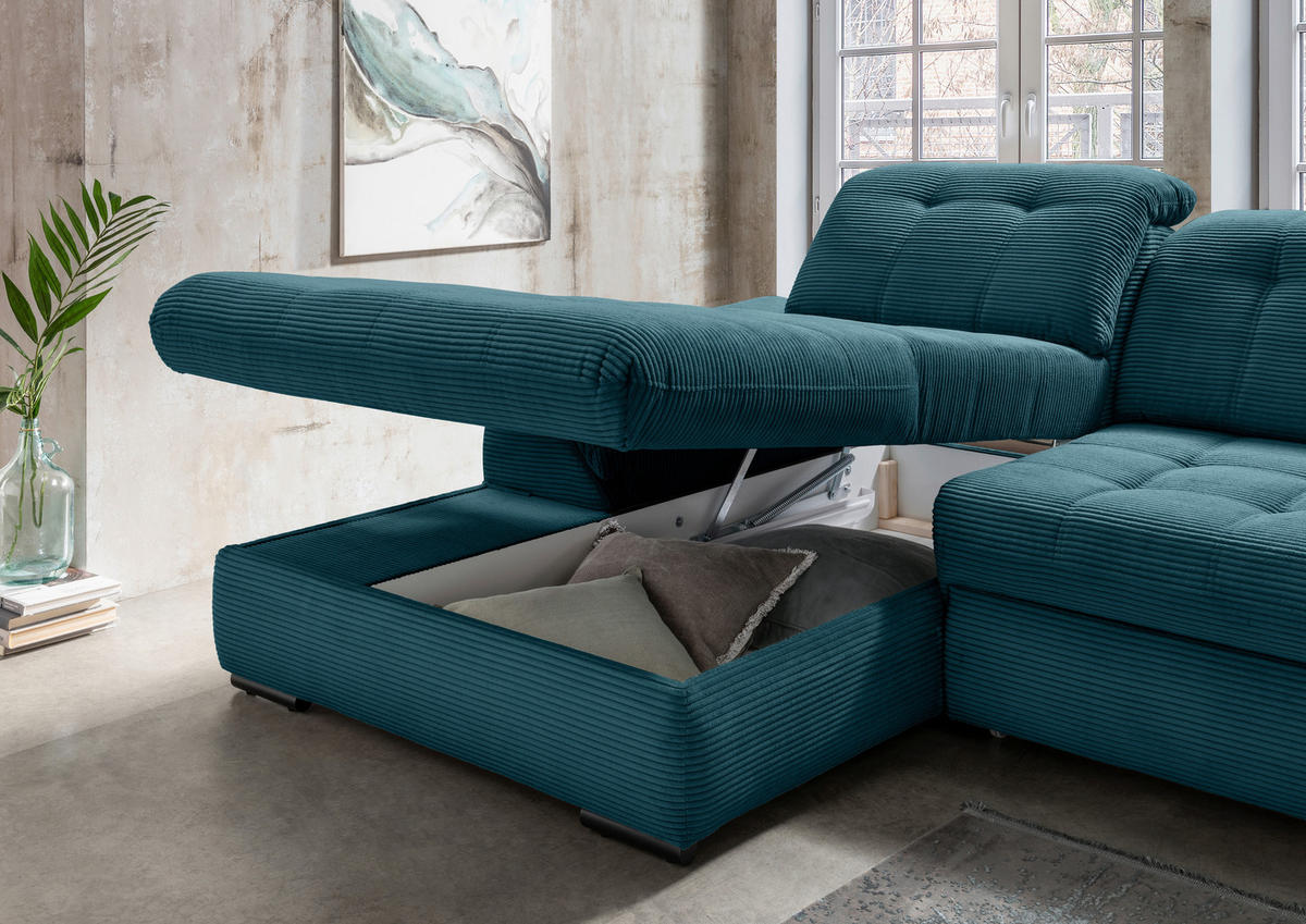 ECKSOFA in Cord Petrol  - Petrol/Schwarz, Modern, Textil/Metall (184/314cm) - Livetastic