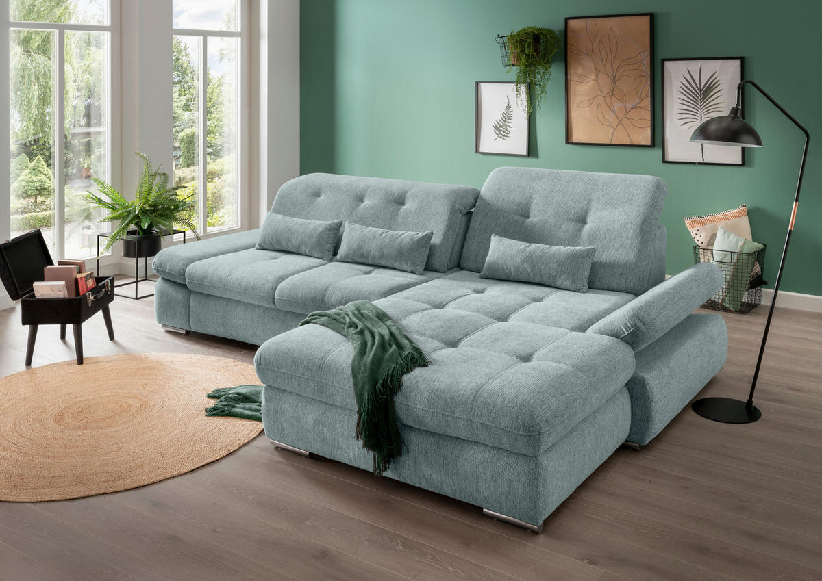 ECKSOFA Blau Chenille  - Chromfarben/Blau, Design, Textil/Metall (300/196cm) - Livetastic