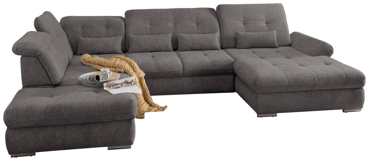 WOHNLANDSCHAFT in Chenille Braun, Grau  - Chromfarben/Braun, Design, Textil/Metall (254/376/195cm) - Livetastic