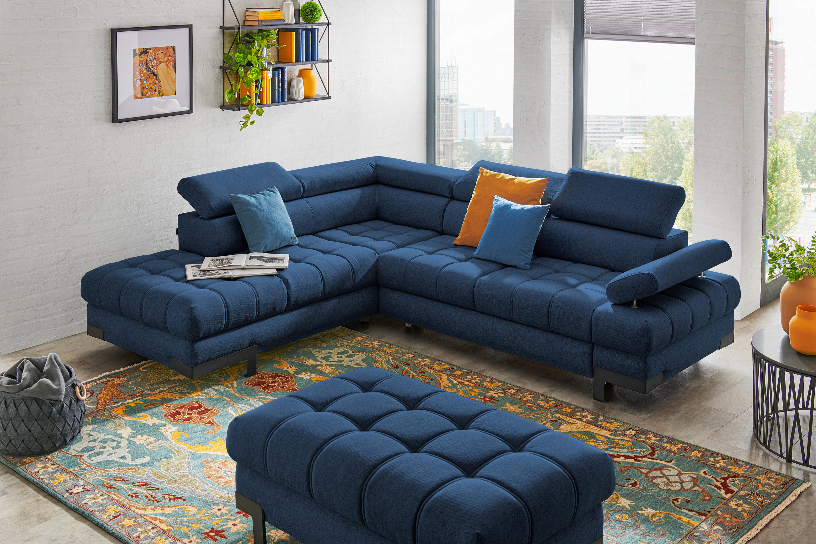 ECKSOFA Dunkelblau Webstoff - Schwarz/Dunkelblau, Design, Textil/Metall (223/263cm) - Welnova