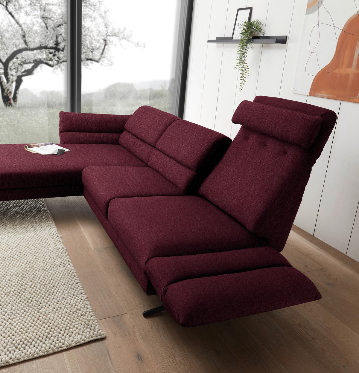 ECKSOFA in Flachgewebe Weinrot  - Weinrot/Schwarz, Design, Textil/Metall (176-217/279-327cm) - Dieter Knoll