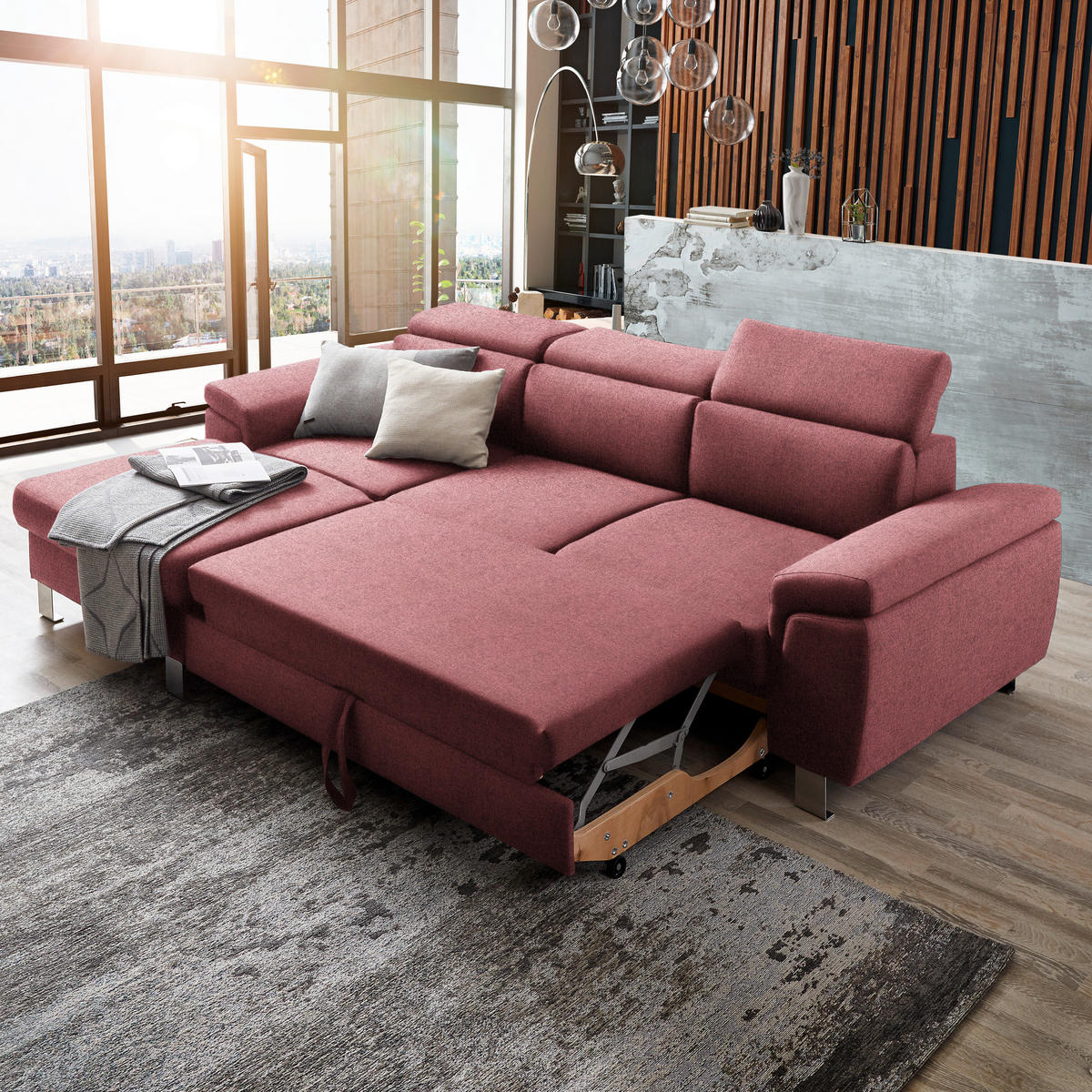 ECKSOFA in Webstoff Hellrot  - Hellrot/Silberfarben, Design, Textil/Metall (167/250cm) - Xora