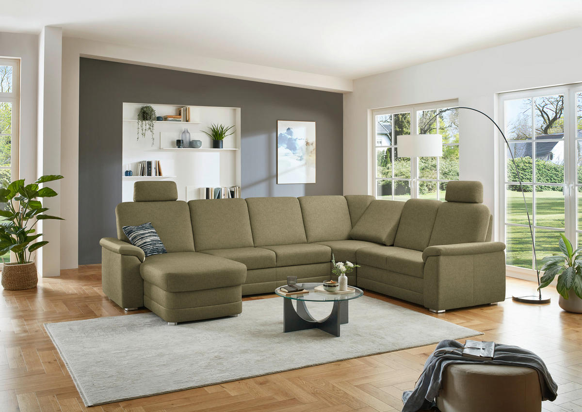 WOHNLANDSCHAFT  in Chenille Schilfgrün  - Schilfgrün/Alufarben, KONVENTIONELL, Holz/Textil (160/329/235cm) - Beldomo Comfort