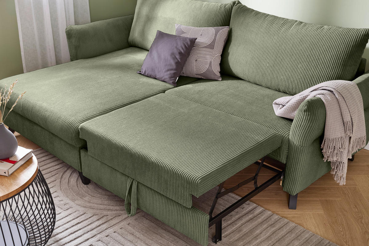 ECKSOFA Khaki Cord  - Khaki/Schwarz, ROMANTIK / LANDHAUS, Holz/Textil (245/159cm) - Stylife