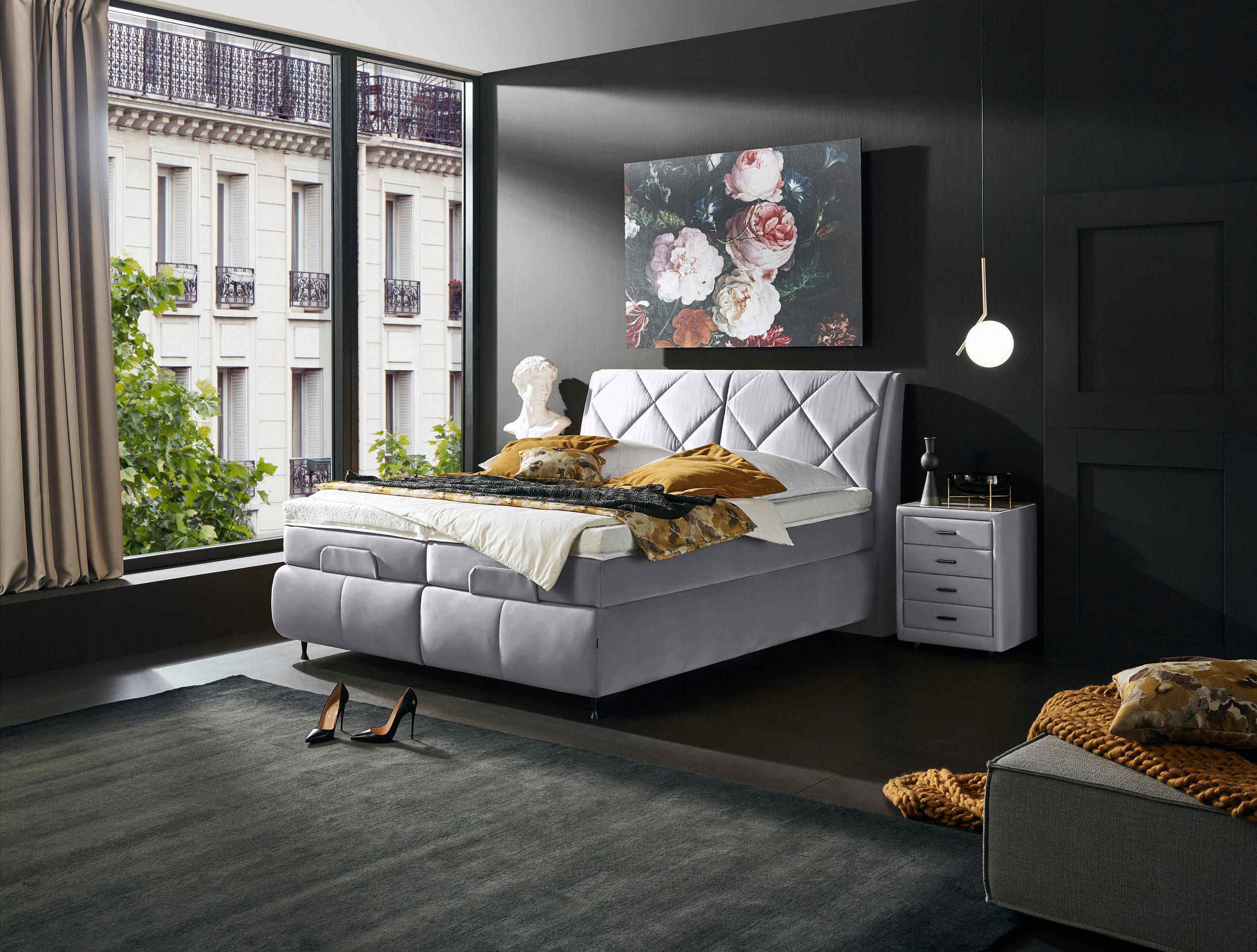 Thumbnail - Dieter Knoll Boxspringbett, Hellgrau, Textil, H2 + H3, 7-Zonen, Höhe ca. 19 cm, 180x200 cm, Matratze, gepolstertes Kopft...