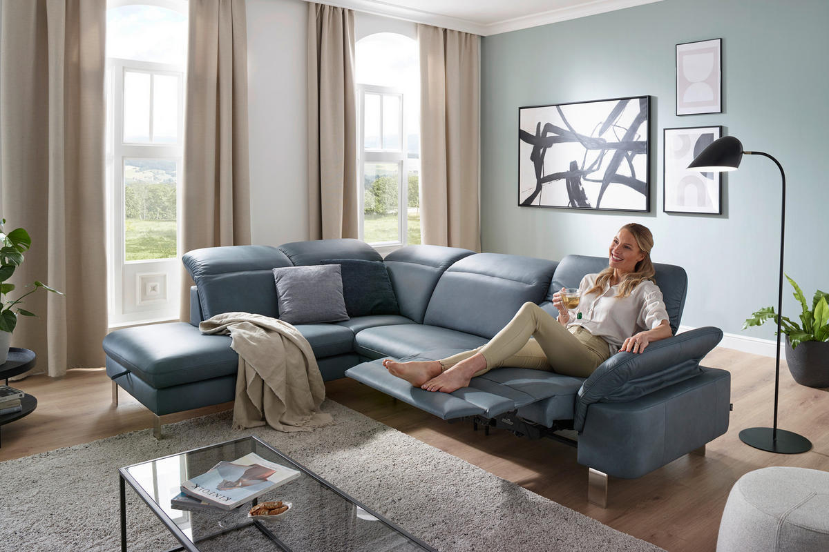 ECKSOFA in Echtleder Blaugrau  - Edelstahlfarben/Blaugrau, Design, Leder/Metall (309/233cm) - Dieter Knoll