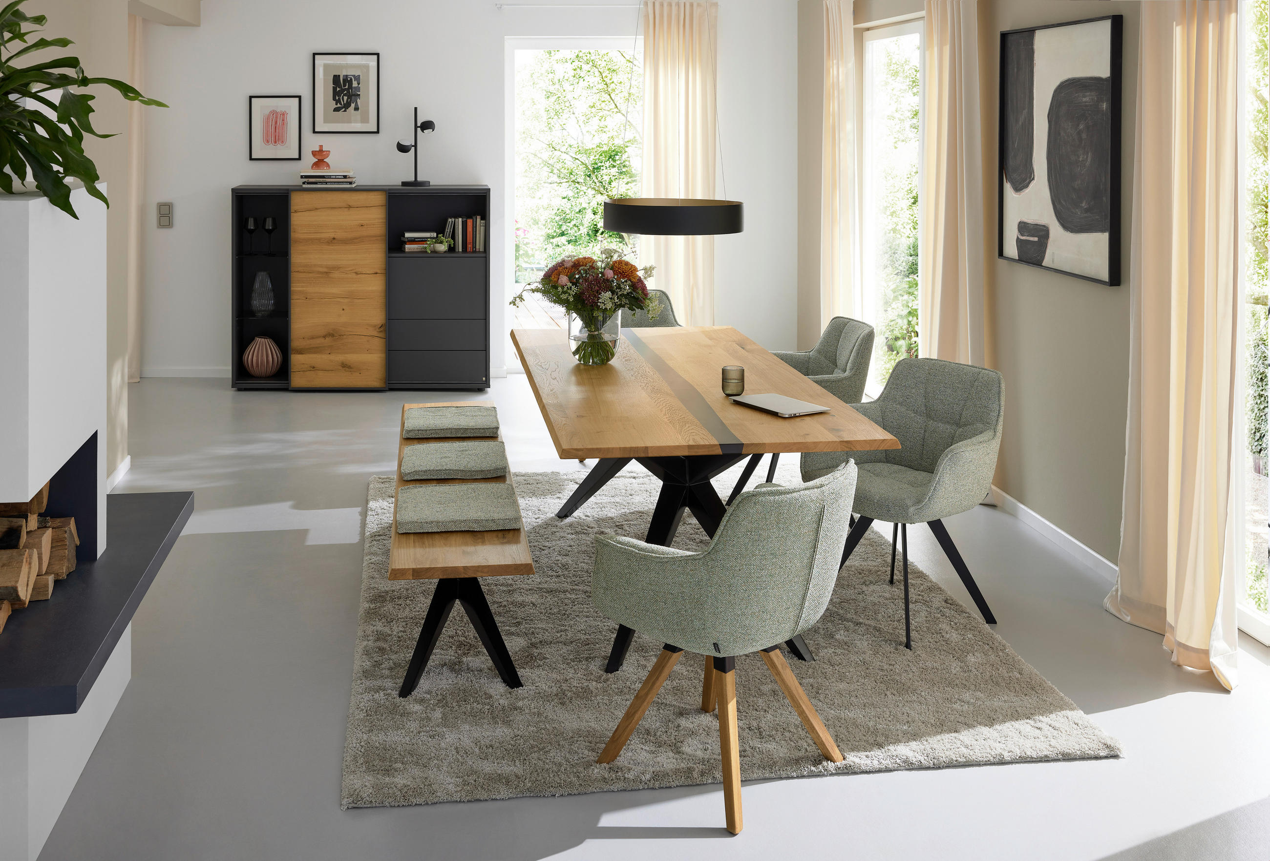 SITZBANK 200/40/46 cm Eichefarben Eiche massiv Metall  - Eichefarben/Schwarz, KONVENTIONELL, Holz/Metall (200/40/46cm) - Musterring