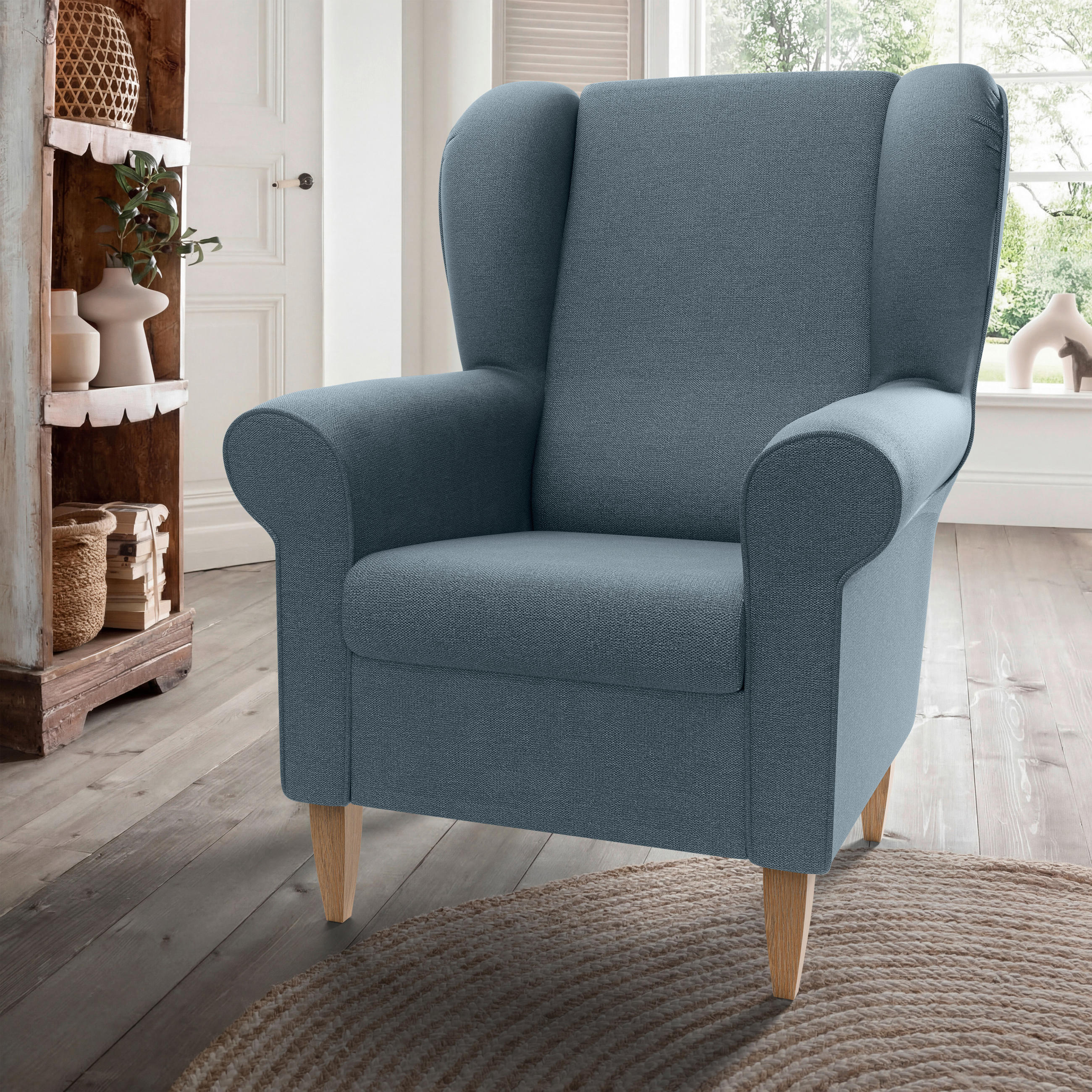 OHRENSESSEL Struktur Blau  - Blau/Naturfarben, Konventionell, Holz/Textil (80/102/86cm) - Livetastic