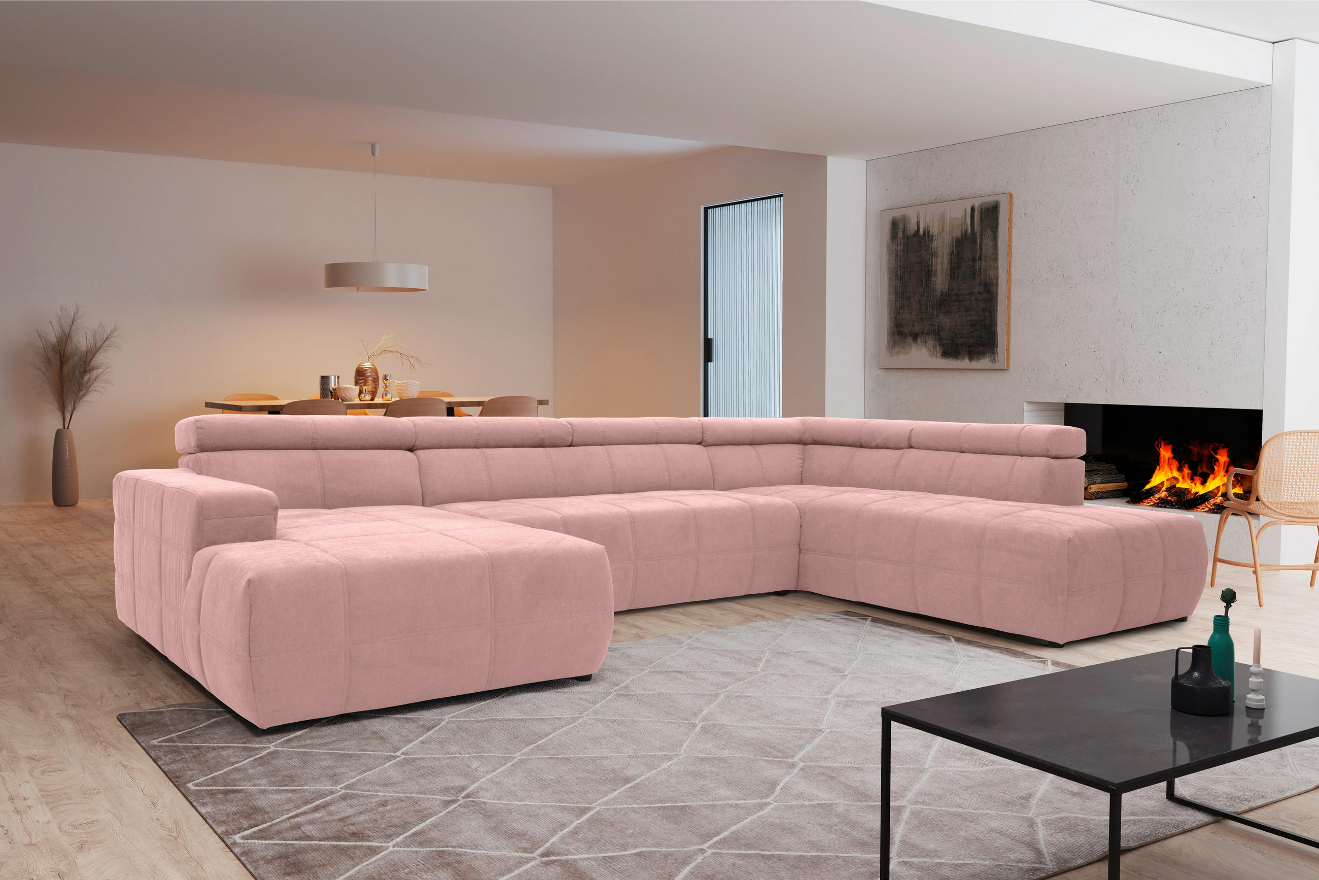 WOHNLANDSCHAFT Rosa Mikrofaser - Schwarz/Rosa, Design, Kunststoff/Textil (175/359/228cm) - MID.YOU