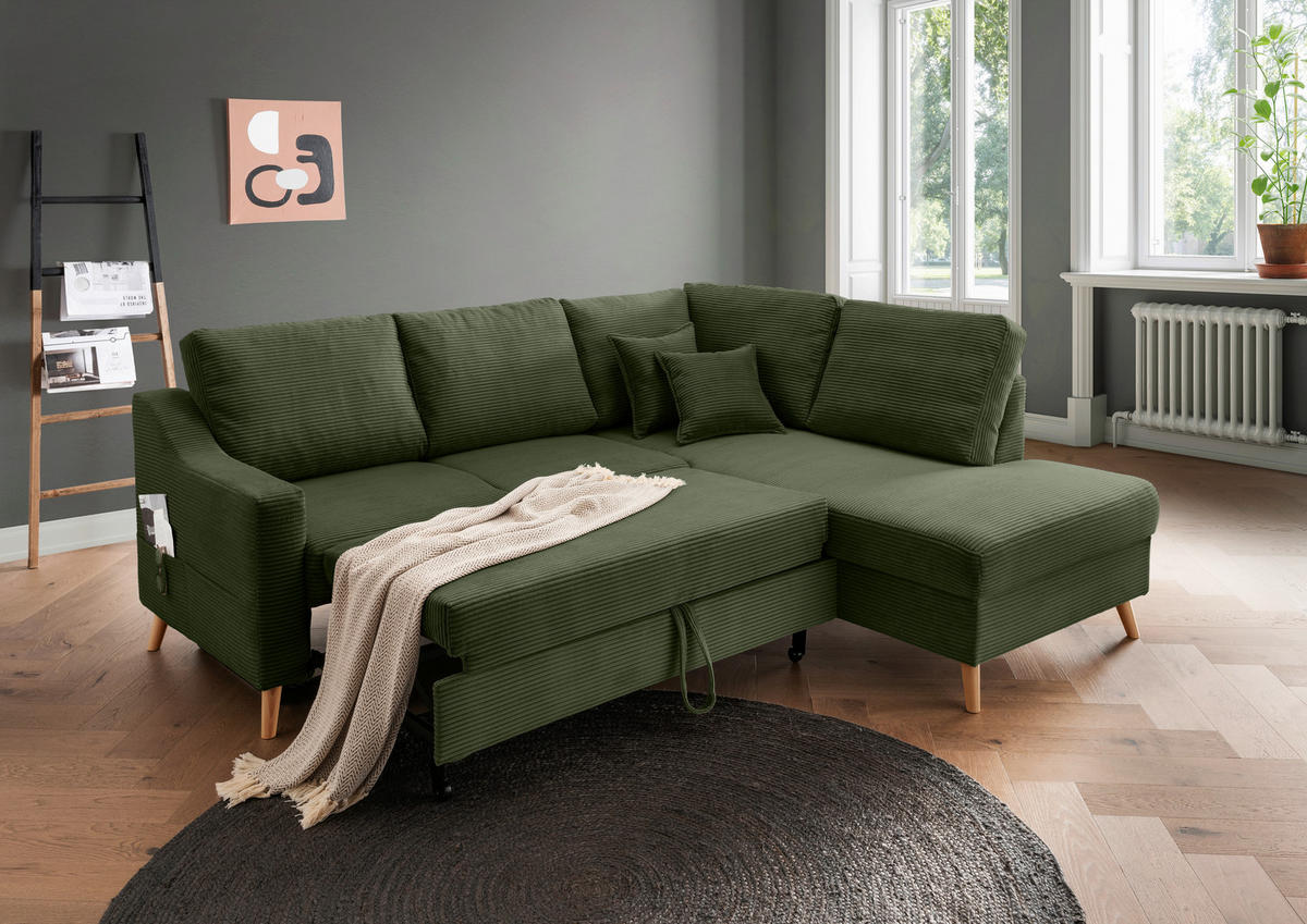 ECKSOFA in Cord Dunkelgrün  - Dunkelgrün/Naturfarben, MODERN, Holz/Textil (230/200cm) - Livetastic