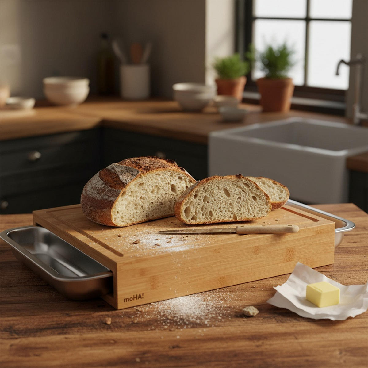 SCHNEIDEBRETT 42/31/9 cm  - Hellbraun/Edelstahlfarben, Basics, Holz/Metall (42/31/9cm) - moHA!