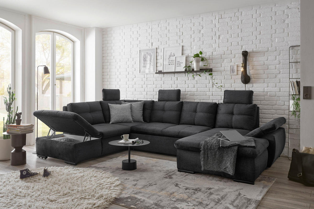 WOHNLANDSCHAFT Schwarz Mikrovelours  - Schwarz, KONVENTIONELL, Kunststoff/Textil (217/334/127cm) - Carryhome