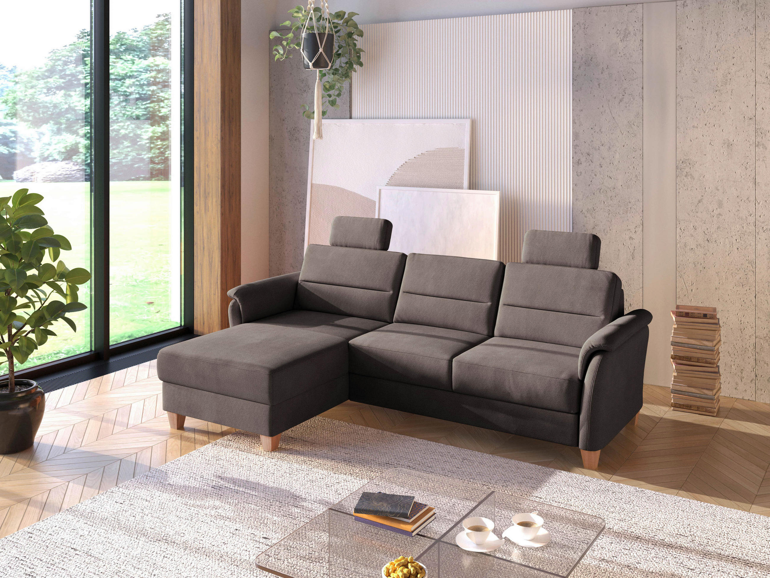 ECKSOFA PALMERA V Dunkelbraun Flachgewebe  - Eichefarben/Dunkelbraun, KONVENTIONELL, Holz/Textil (163/244cm) - Sit & More
