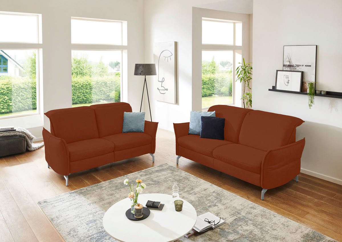 2,5-SITZER in Lederlook (vegan) Cognac  - Cognac/Nickelfarben, MODERN, Textil/Metall (185/89/109cm) - Livetastic