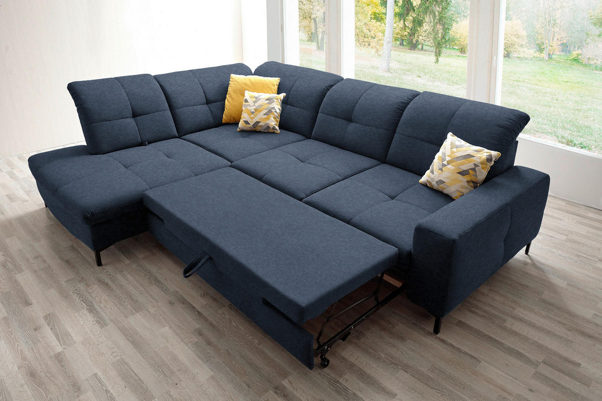 ECKSOFA in Chenille Dunkelblau  240/308 cm  - Schwarz/Dunkelblau, Design, Textil/Metall (240/308cm) - Xora