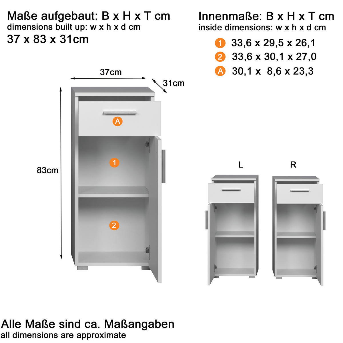 MIDISCHRANK 37/83/31 cm  - Weiß Hochglanz/Silberfarben, Trend, Holzwerkstoff/Kunststoff (37/83/31cm) - MID.YOU