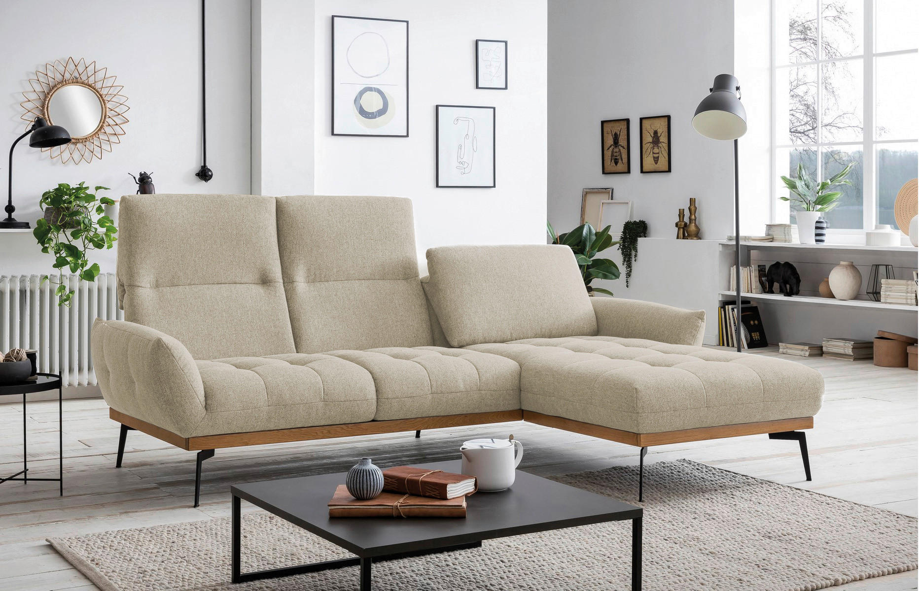 ECKSOFA Naturfarben, Sandfarben Flachgewebe  - Sandfarben/Eichefarben, Design, Holz/Textil (245/171cm) - Stylife