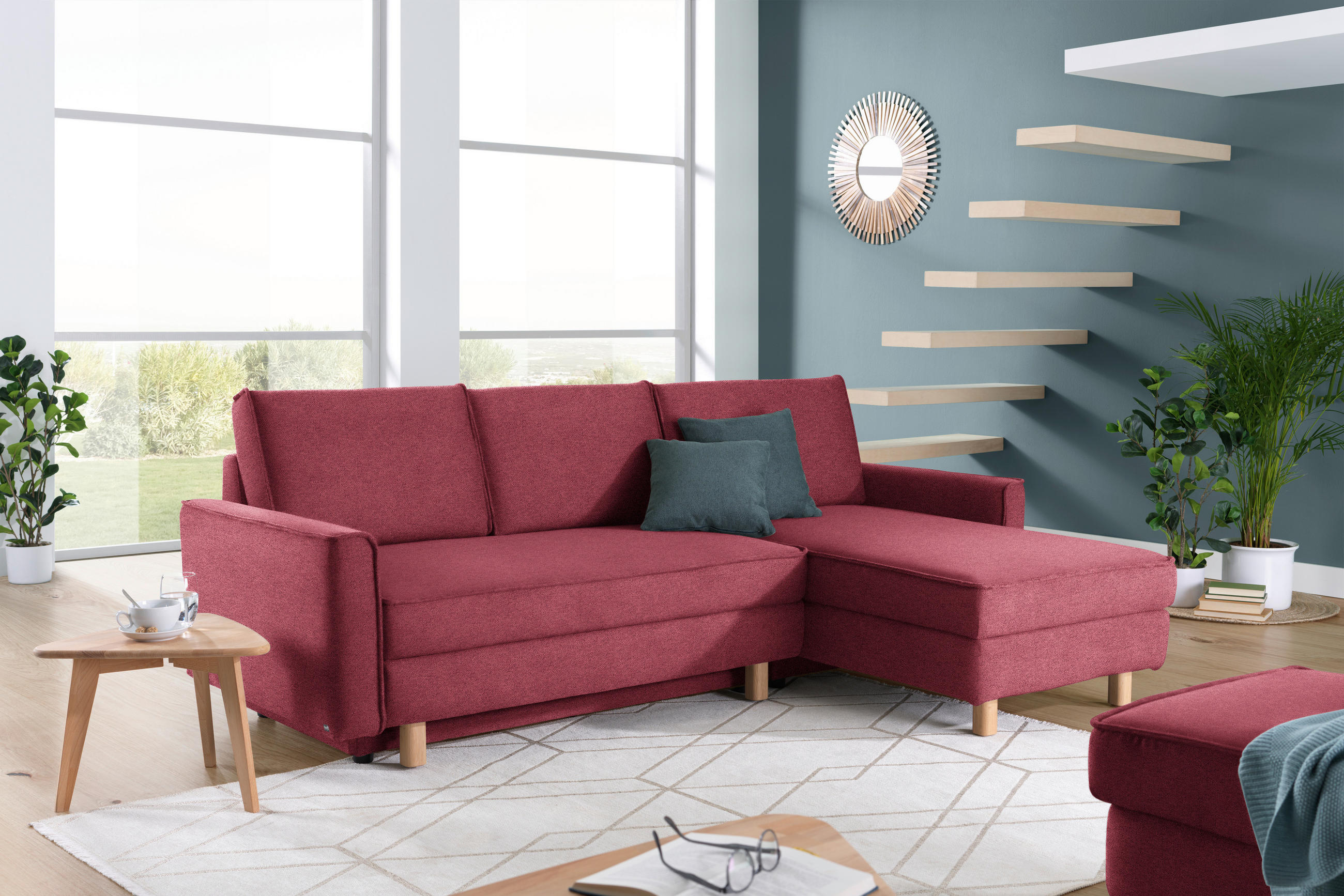 ECKSOFA in Chenille Bordeaux  237/170 cm  - Eichefarben/Bordeaux, KONVENTIONELL, Holz/Textil (237/170cm) - Sedda