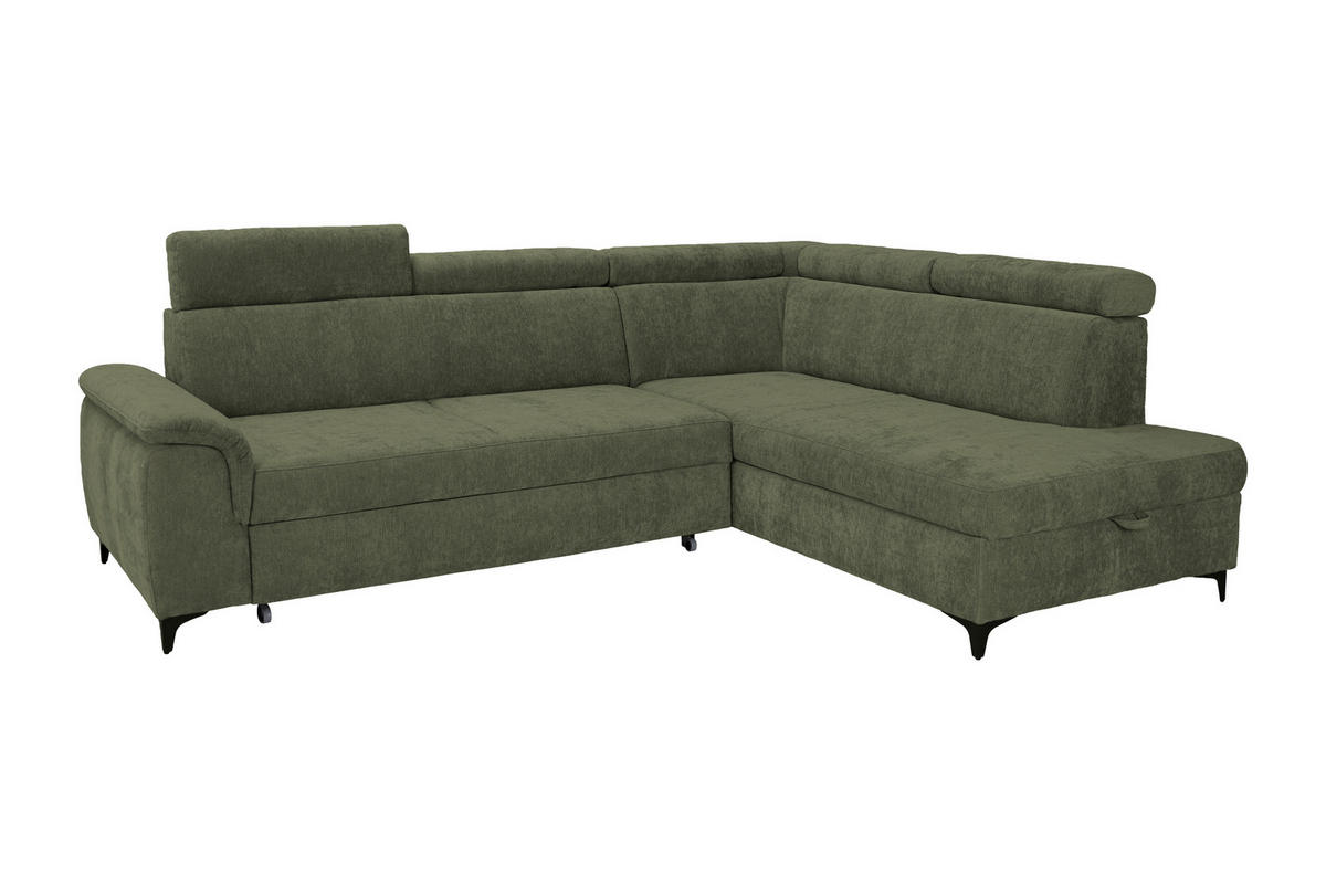 ECKSOFA Dunkelgrün Chenille Bettkasten, Schlaffunktion, Rücken echt, Kopfteilverstellung, Liegefläche im Originalstoff  - Dunkelgrün/Schwarz, KONVENTIONELL, Textil/Metall (265/206cm) - Carryhome