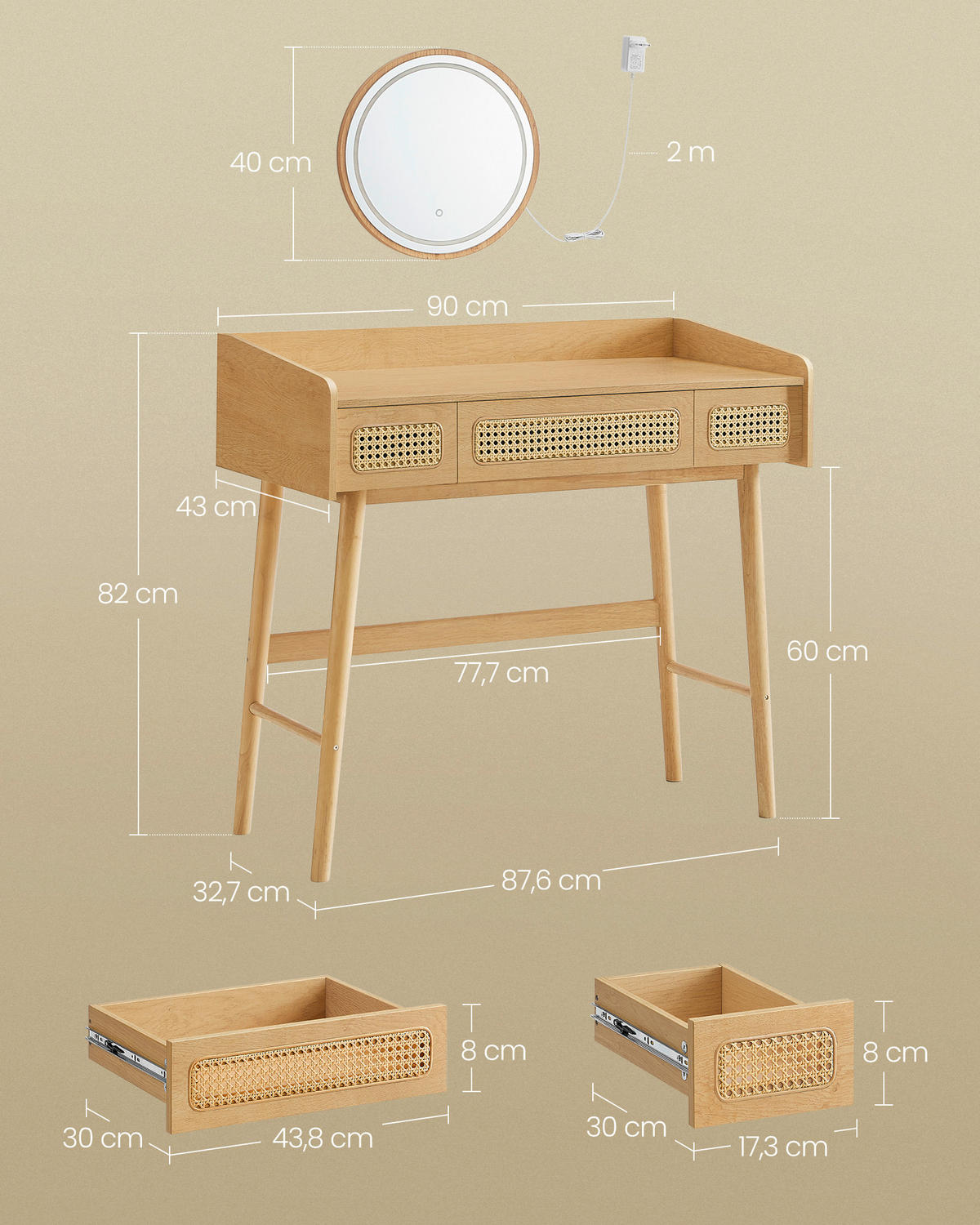SCHMINKTISCH Zypresse massiv Eichefarben  - Eichefarben, Basics, Holz/Holzwerkstoff (90/82/43cm)