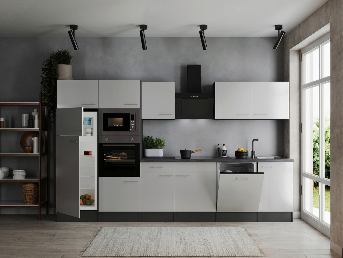KÜCHENBLOCK 340 cm   in Grau, Weiß  - Silberfarben/Weiß, Design, Holzwerkstoff/Metall (340cm) - Respekta