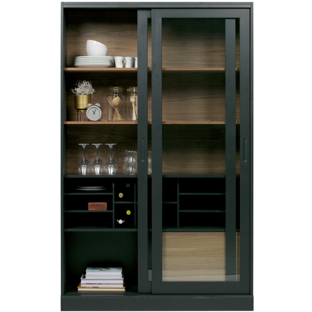 VITRINE in massiv Kiefer Schwarz, Walnussfarben  - Nussbaumfarben/Walnussfarben, Design, Glas/Holz (125/200/57cm) - Livetastic