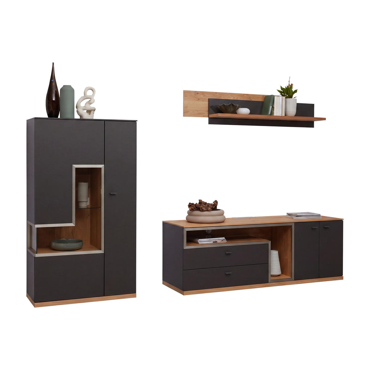 WOHNWAND 3-teilig  in Grau, Eichefarben  290/161/52 cm    - Schieferfarben/Eichefarben, Design, Glas/Holz (290/161/52cm) - Dieter Knoll